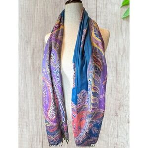 Boho Paisley Embellished Scarf Blue Pink Multi Fringe Indie Artsy Festival